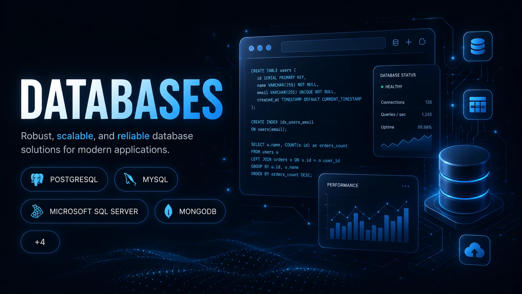 Databases — robust, scalable, and reliable database solutions for modern applications with PostgreSQL, MySQL, Microsoft SQL Server, MongoDB and more.