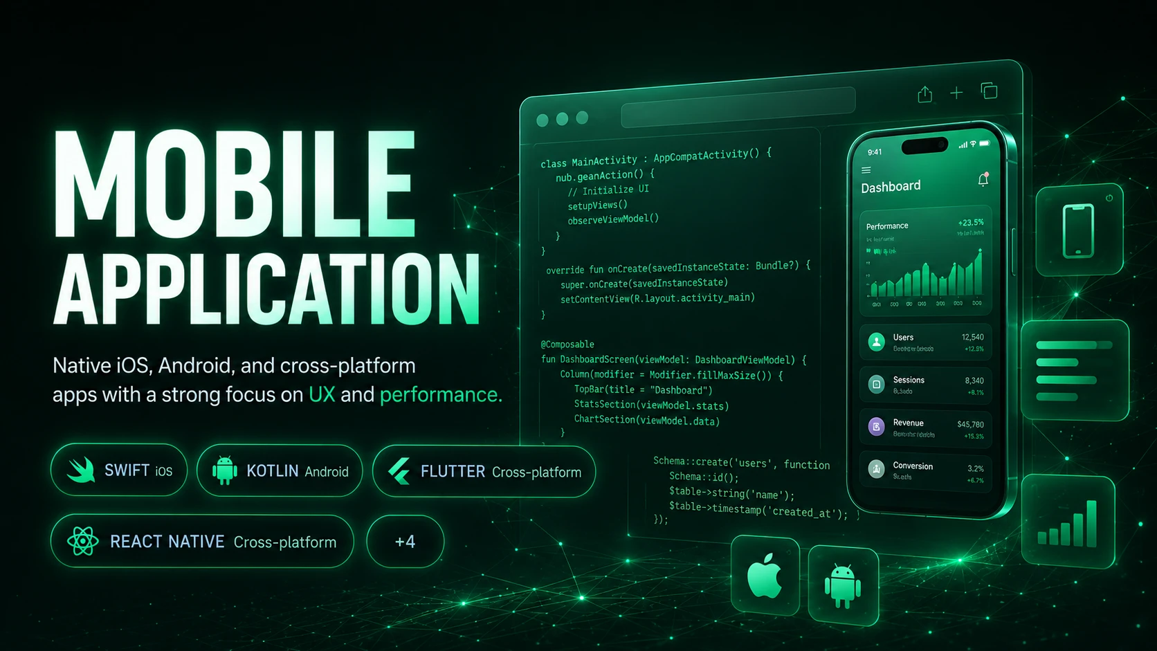 Mobile application — native iOS, Android, and cross-platform apps with a strong focus on UX and performance, built with Swift, Kotlin, Flutter and React Native.
